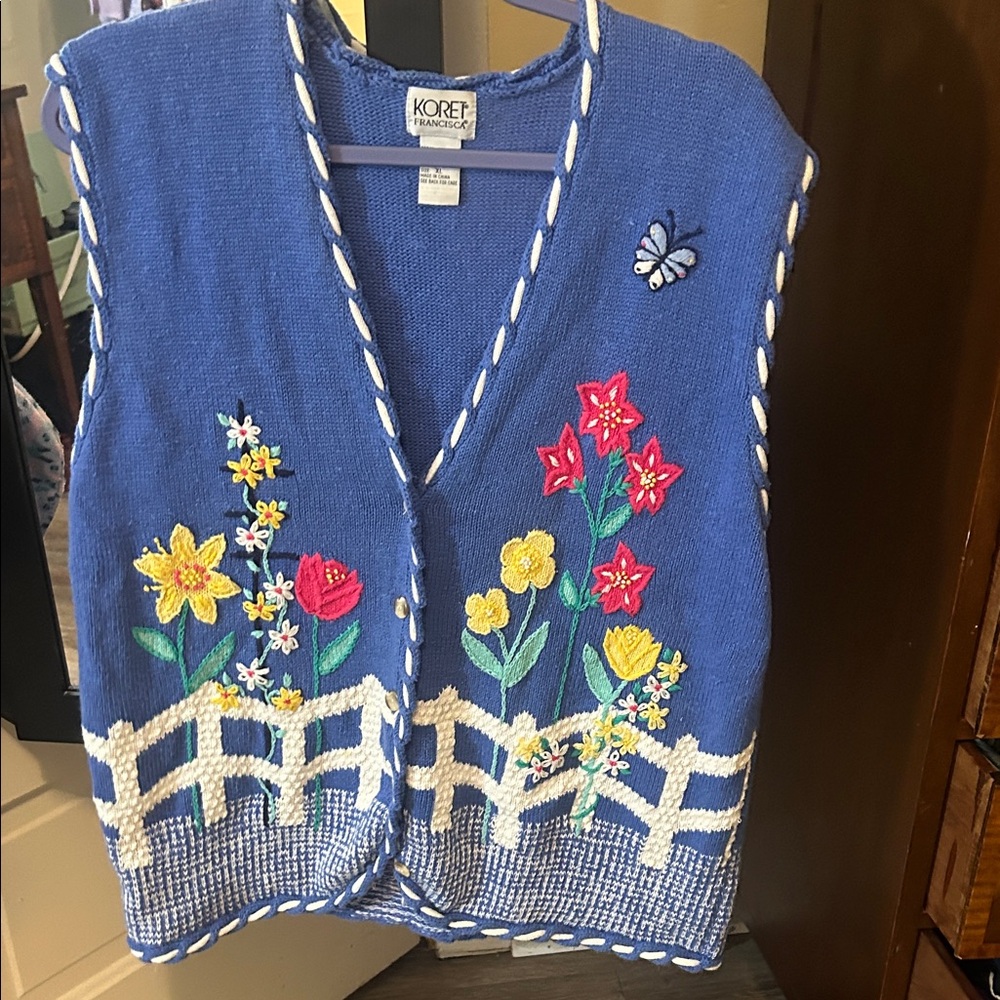 TeacherCore Koret Blue Vest with Floral and Butterfly Embroidery